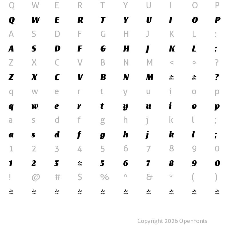 Character Map of FONTSPRING DEMO - Artigua Black Italic Regular