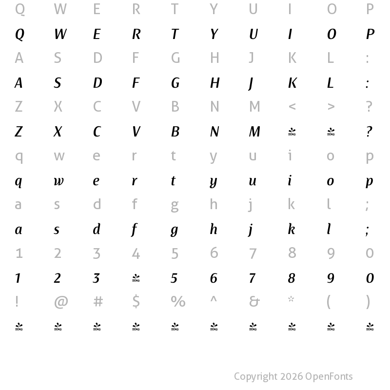 Character Map of FONTSPRING DEMO - Artigua Medium Italic Regular