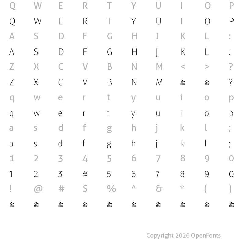 Character Map of FONTSPRING DEMO - Artigua Thin Regular