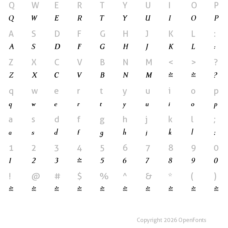 Character Map of FONTSPRING DEMO - Artimas Bold Italic