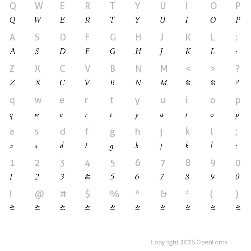 Character Map of FONTSPRING DEMO - Artimas Italic