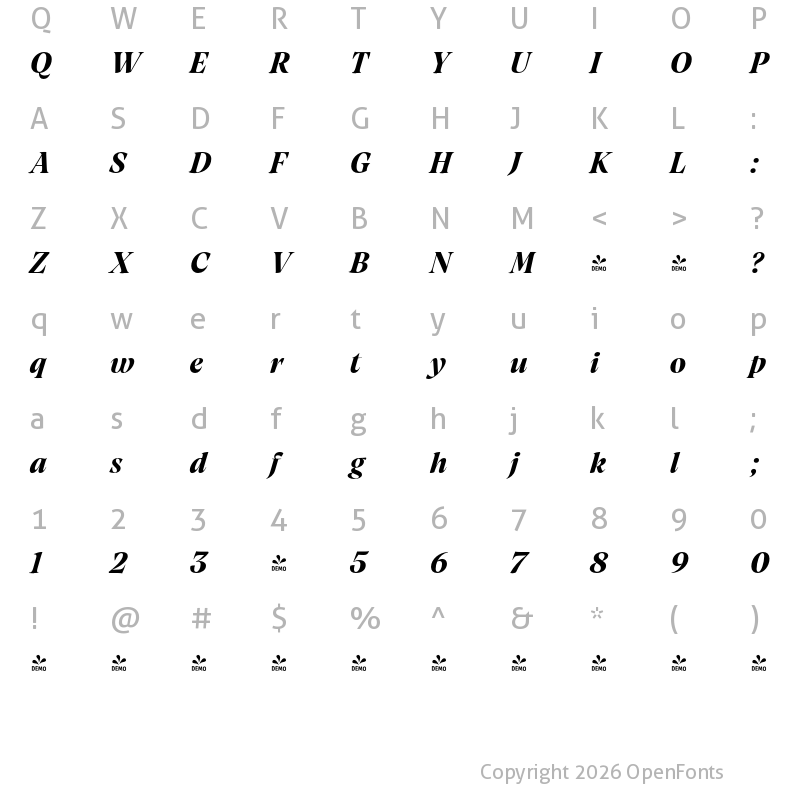 Character Map of FONTSPRING DEMO - Artusi Grande Bold Italic