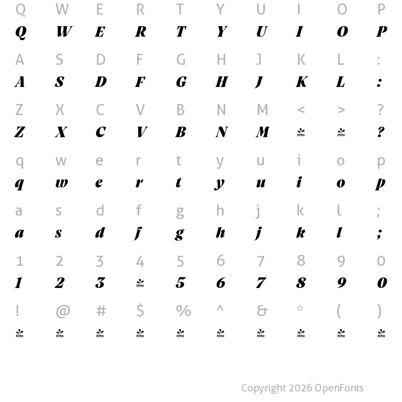 Character Map of FONTSPRING DEMO - Artusi Grande Extrabold Italic