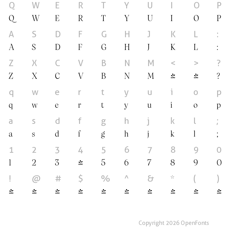 Character Map of FONTSPRING DEMO - Artusi Grande Light Regular