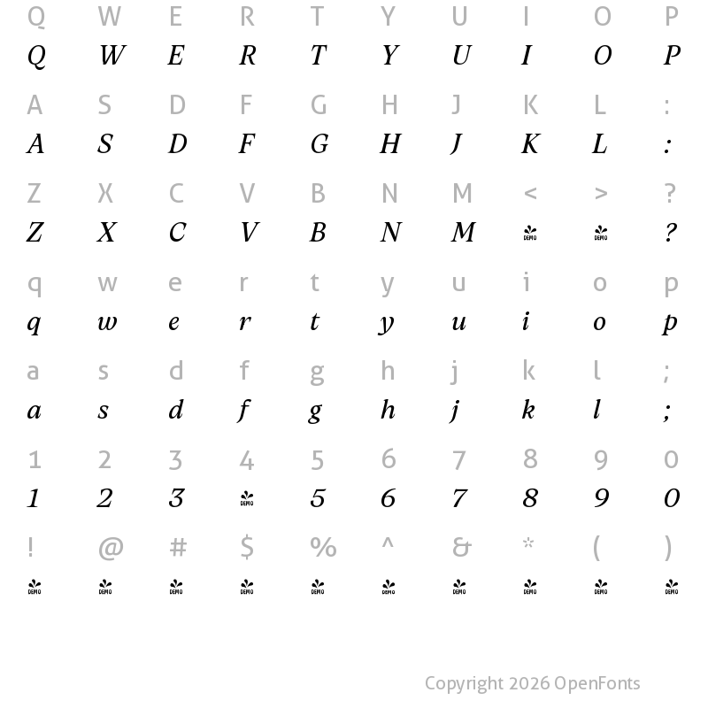 Character Map of FONTSPRING DEMO - Artusi Italic Variable Regular