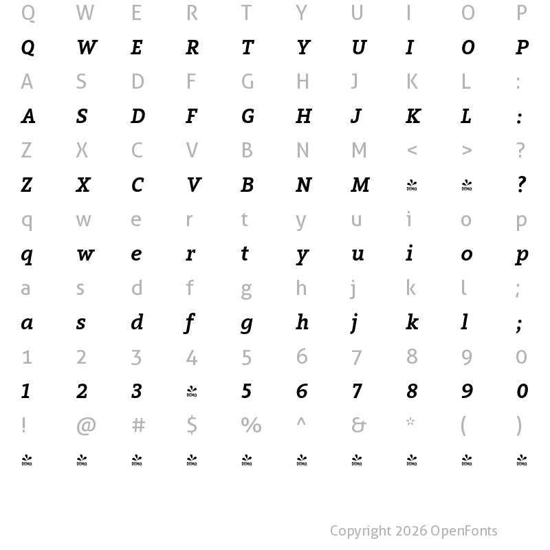 Character Map of FONTSPRING DEMO - Arventa Slab PRO Black Italic