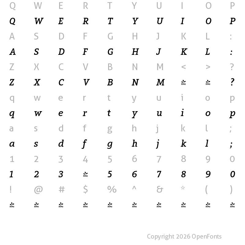 Character Map of FONTSPRING DEMO - Arventa Slab PRO Book Bold Italic