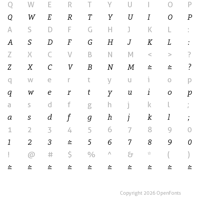 Character Map of FONTSPRING DEMO - Arventa Slab PRO Book Italic