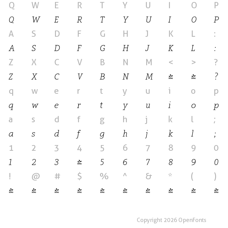Character Map of FONTSPRING DEMO - Arventa Slab PRO Thin Italic
