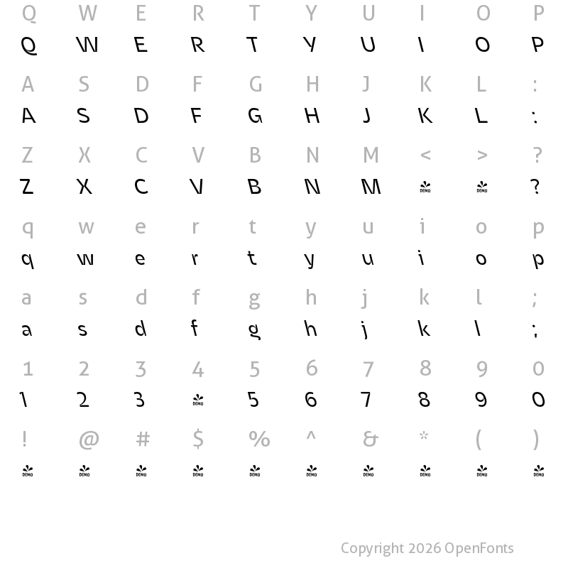 Character Map of FONTSPRING DEMO - Asgard Backslant Regular