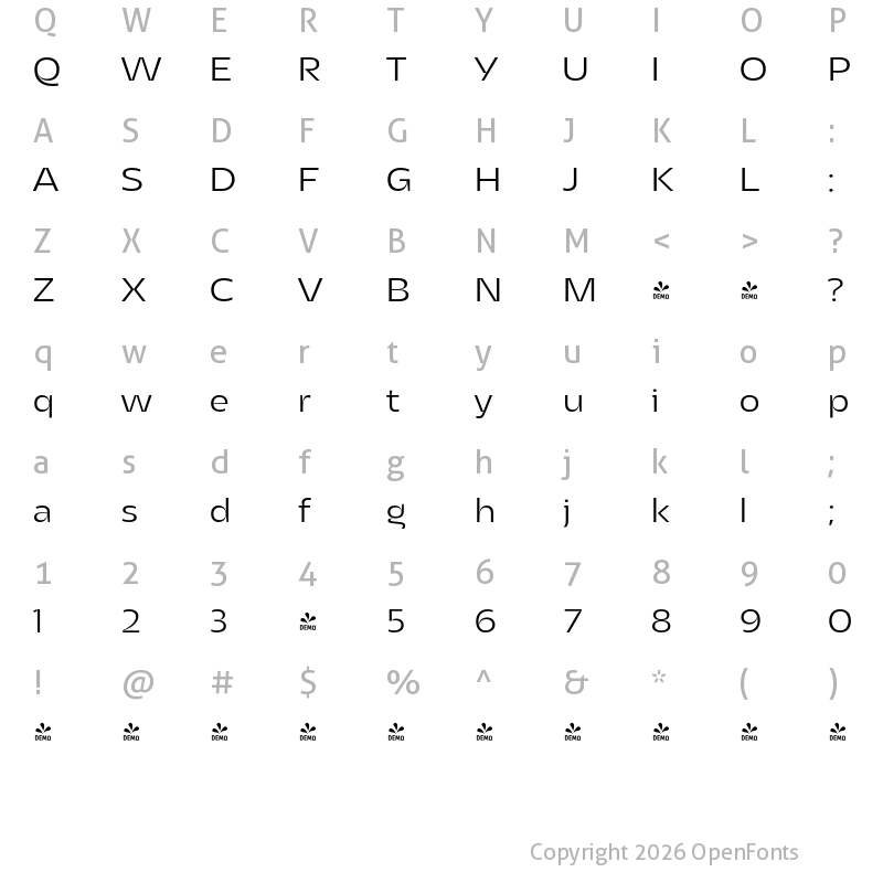 Character Map of FONTSPRING DEMO - Asgard Fit Light Regular