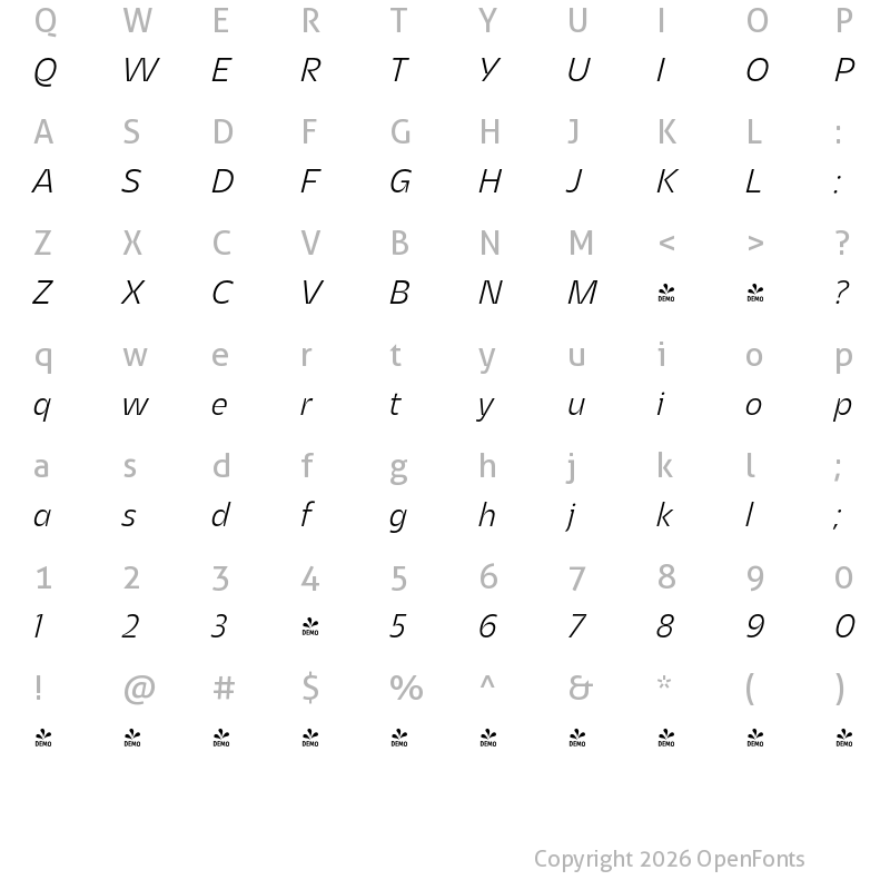 Character Map of FONTSPRING DEMO - Asgard Light Italic Regular