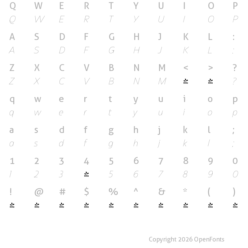 Character Map of FONTSPRING DEMO - Asgard Thin Italic Regular