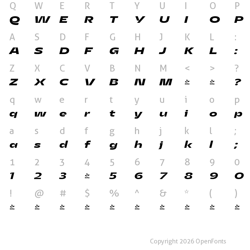 Character Map of FONTSPRING DEMO - Asgard Wide Bold Bold Italic