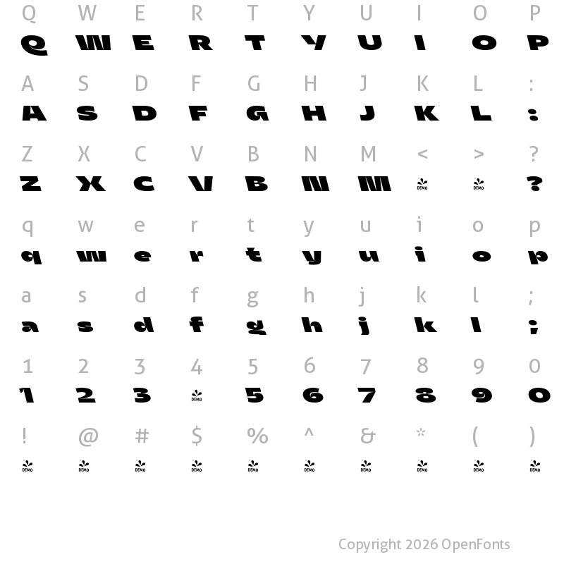 Character Map of FONTSPRING DEMO - Asgard Wide Fat Backslant Regular
