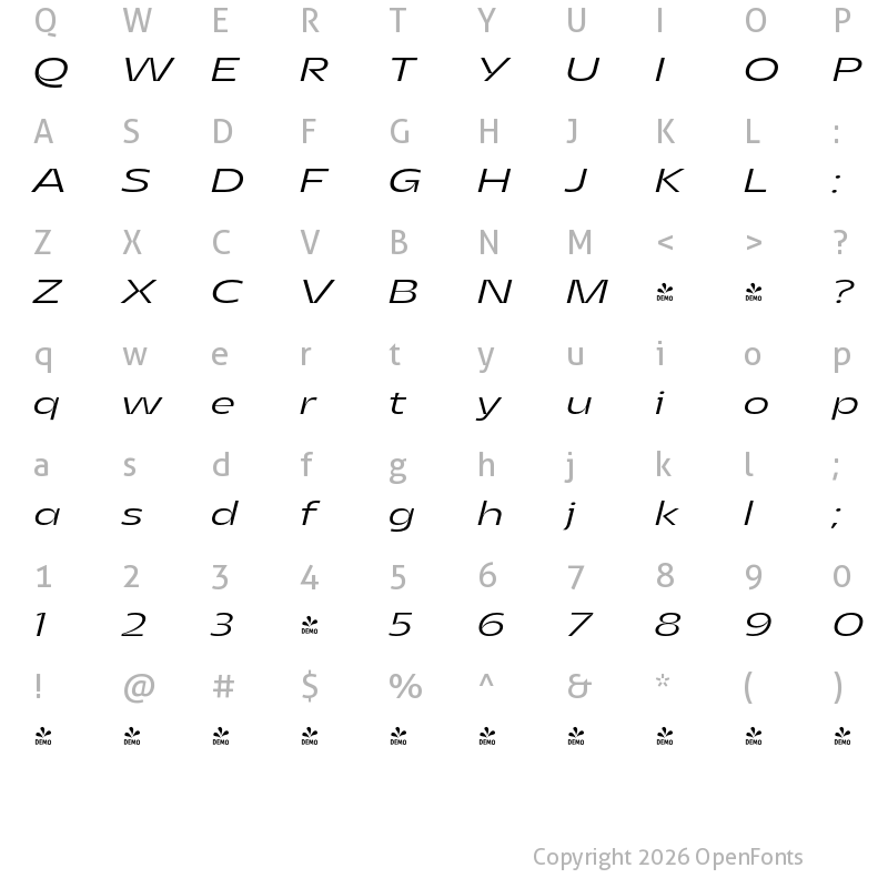 Character Map of FONTSPRING DEMO - Asgard Wide Light Italic Regular