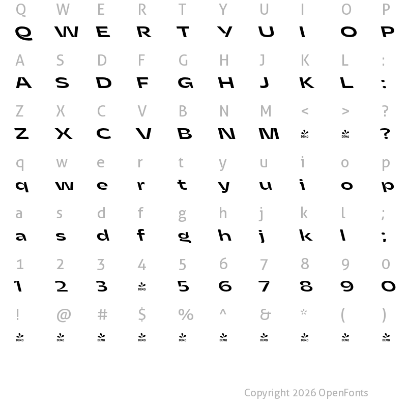 Character Map of FONTSPRING DEMO - Asgard Wide Medium Backslant Regular