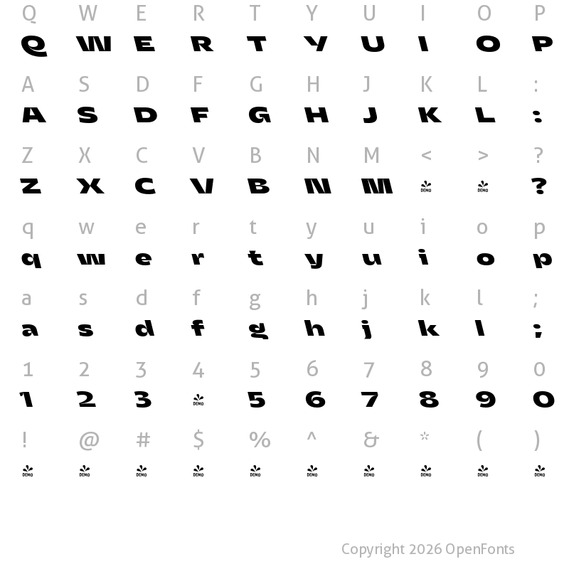 Character Map of FONTSPRING DEMO - Asgard Wide Xbold Backslant Regular