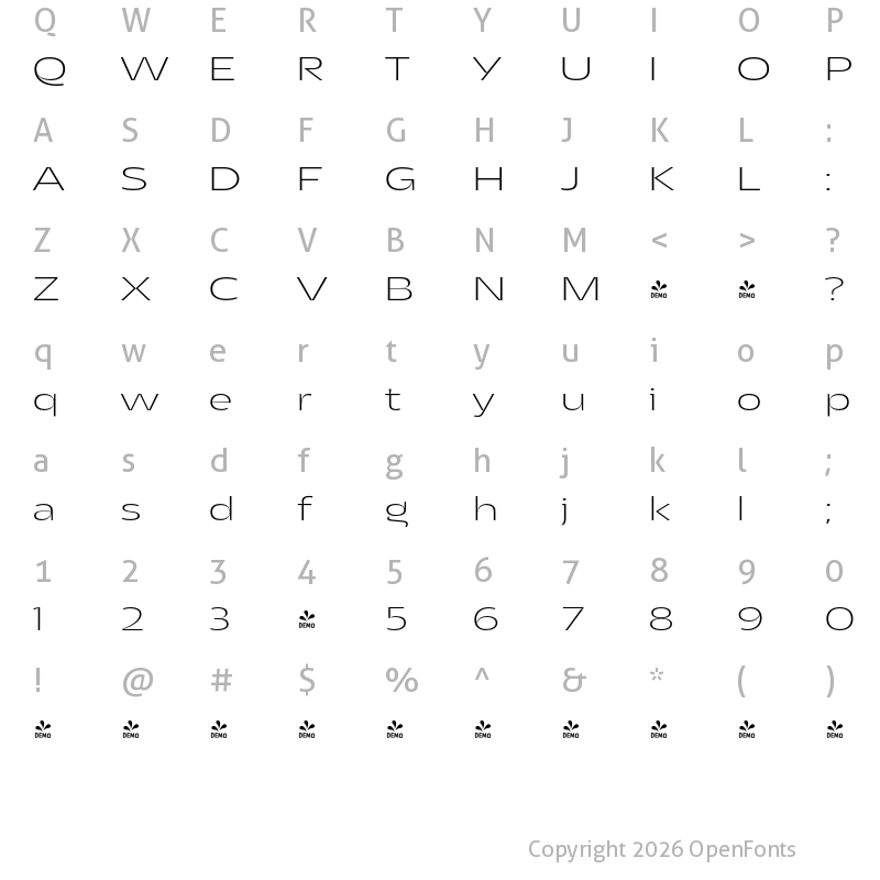 Character Map of FONTSPRING DEMO - Asgard Wide Xlight Regular