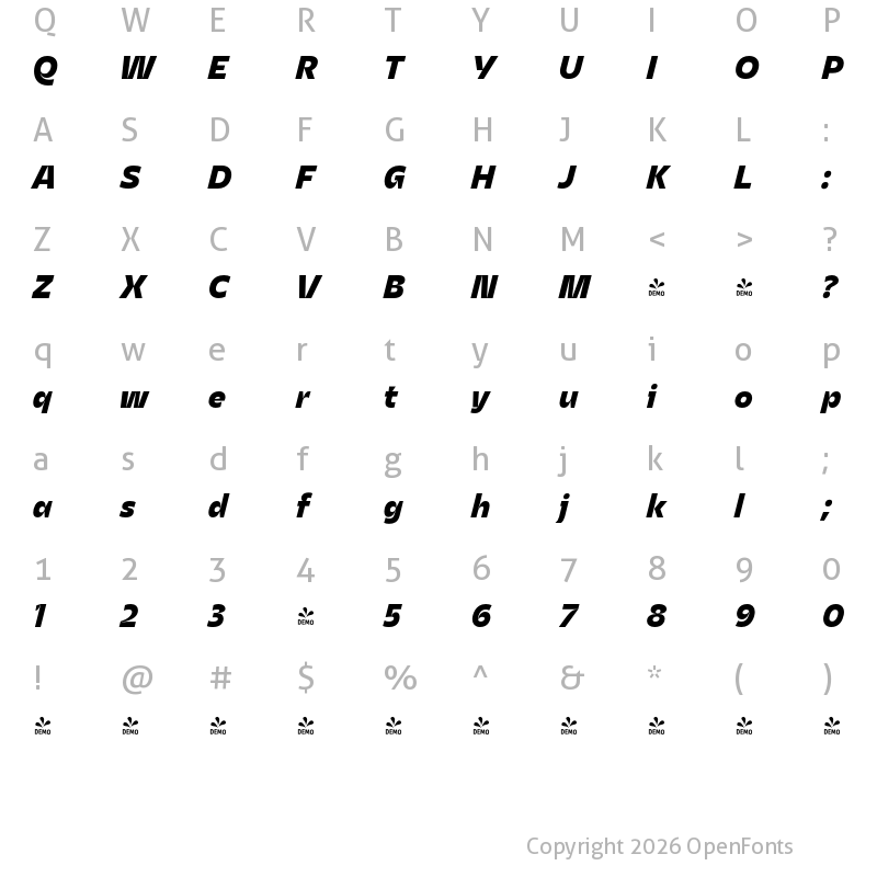 Character Map of FONTSPRING DEMO - Asgard Xbold Italic Regular