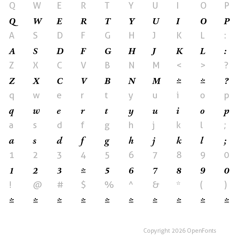 Character Map of FONTSPRING DEMO - Ashbury Bold Italic