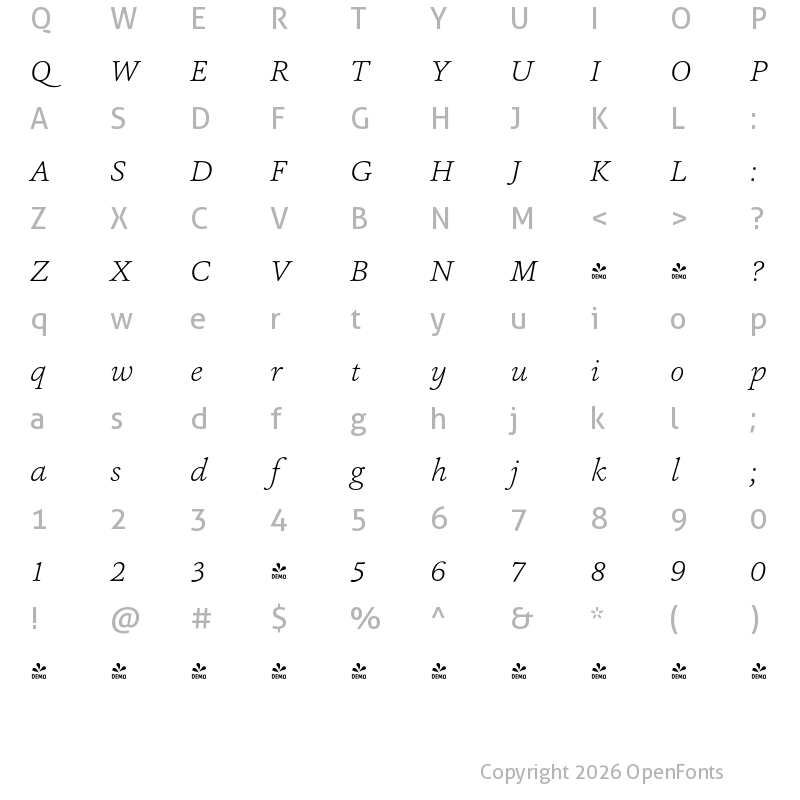 Character Map of FONTSPRING DEMO - Ashbury ExtraLight Italic