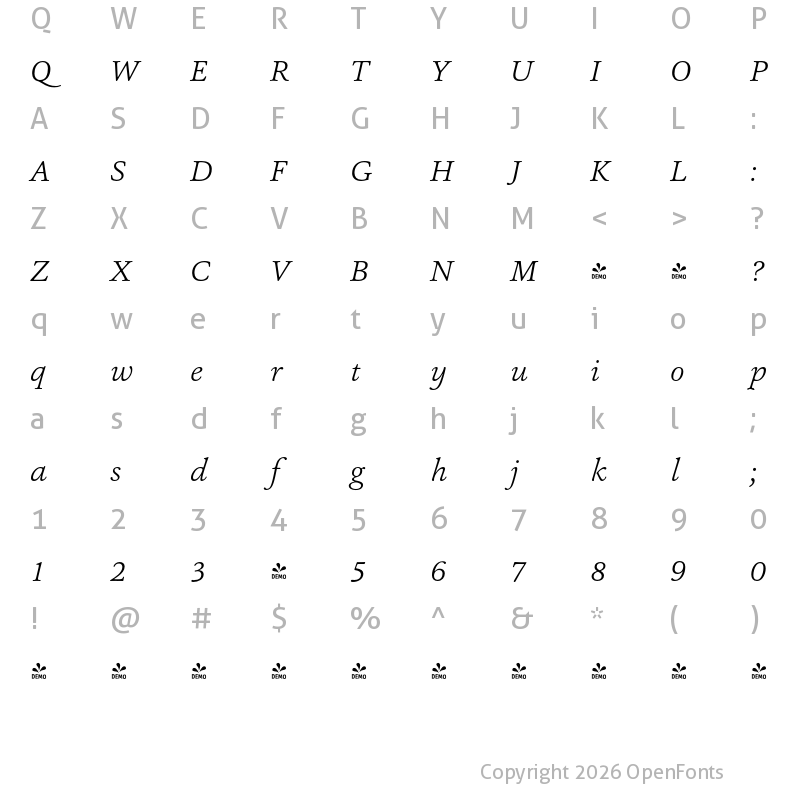 Character Map of FONTSPRING DEMO - Ashbury Light Italic