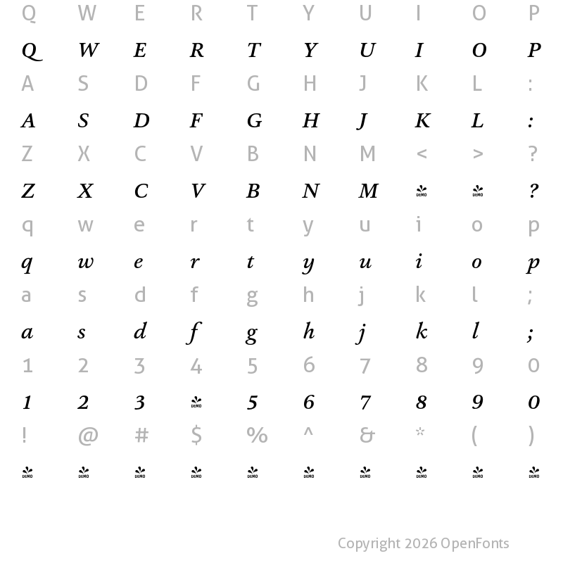 Character Map of FONTSPRING DEMO - Ashbury Medium Italic