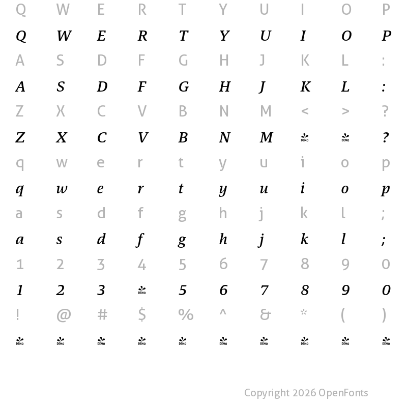 Character Map of FONTSPRING DEMO - Askan Medium Italic