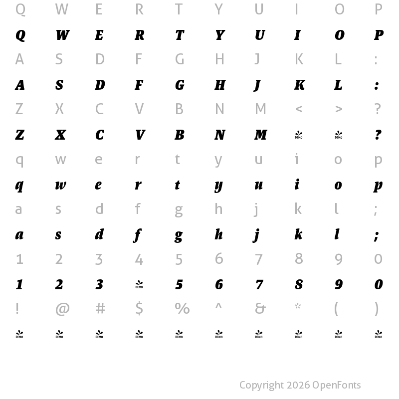 Character Map of FONTSPRING DEMO - Askan Slim Black Italic