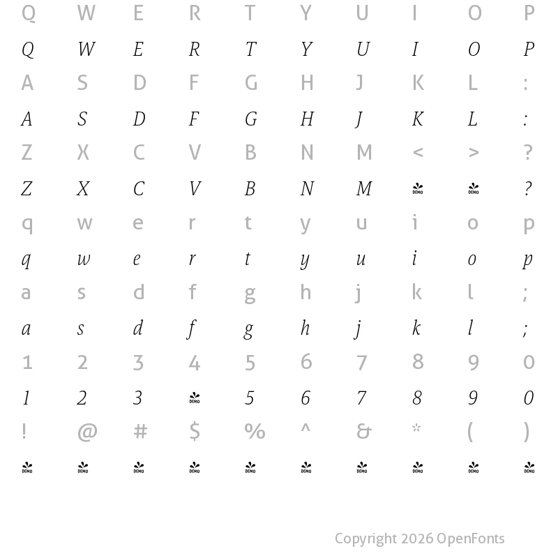 Character Map of FONTSPRING DEMO - Askan Slim ExtraLight Italic