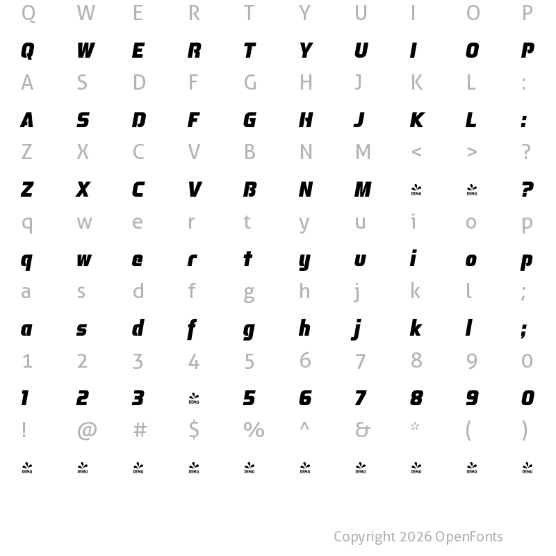 Character Map of FONTSPRING DEMO - Aspire Narrow Black Oblique Regular