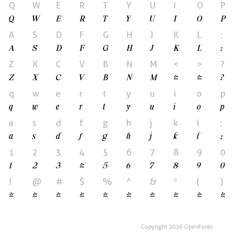 Character Map of FONTSPRING DEMO - Astire Klarish Bold Italic