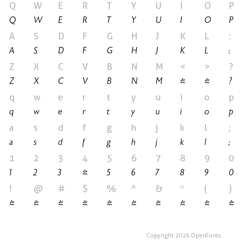 Character Map of FONTSPRING DEMO - Astoria  Light Italic