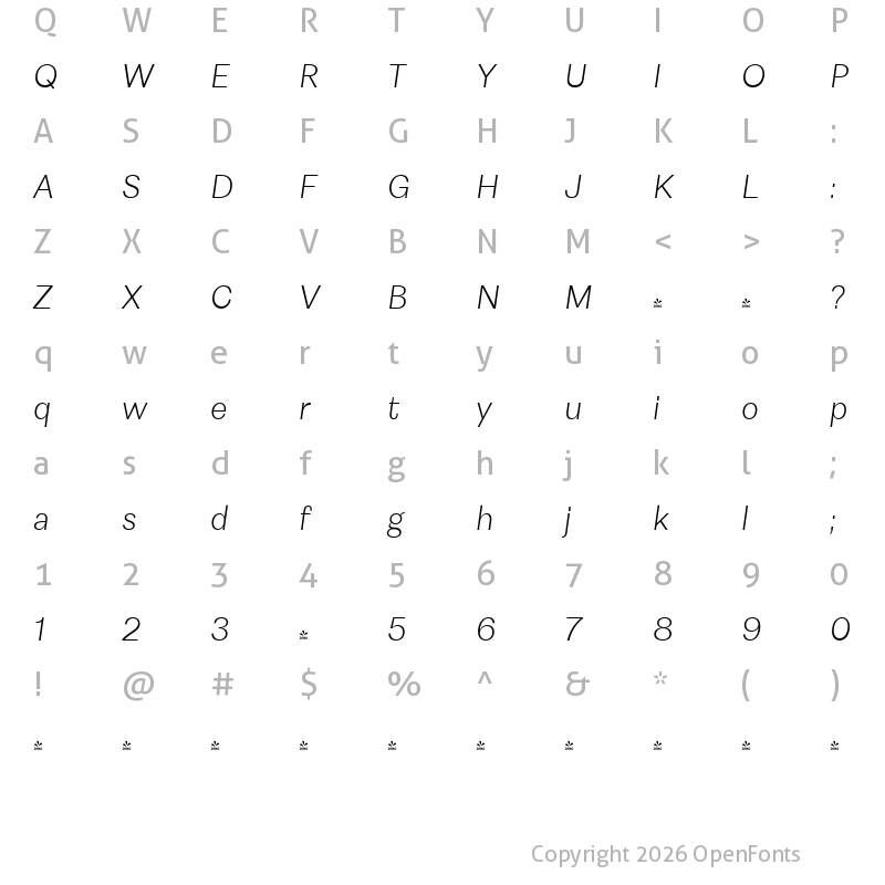 Character Map of FONTSPRING DEMO - Astrid Grotesk Lt Italic