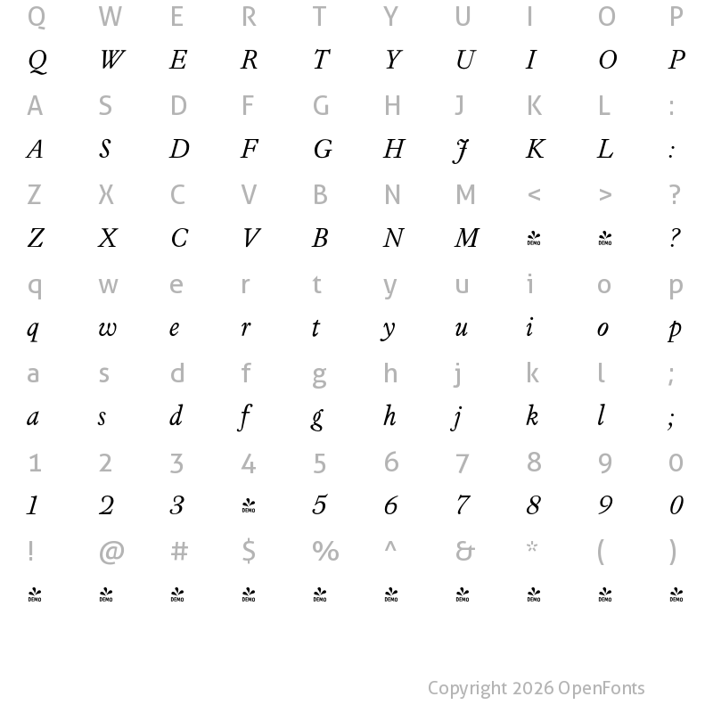 Character Map of FONTSPRING DEMO - Athanasius PRO Light Italic