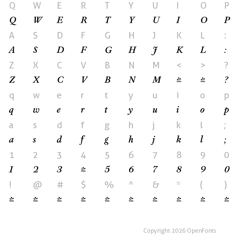 Character Map of FONTSPRING DEMO - Athanasius PRO Medium Bold Italic