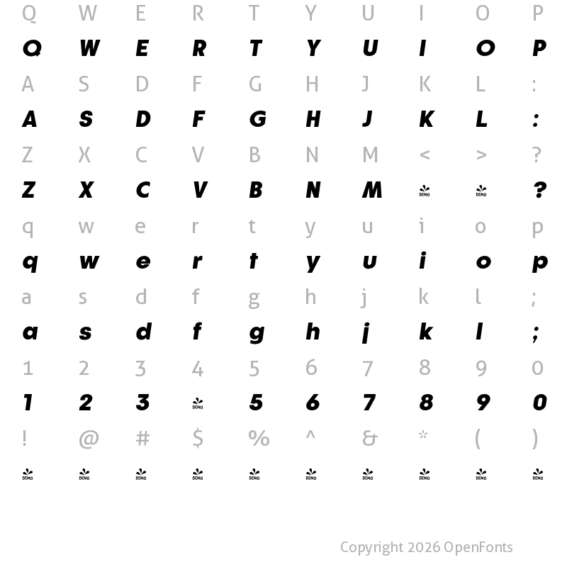Character Map of FONTSPRING DEMO - Athlete Heavy Italic