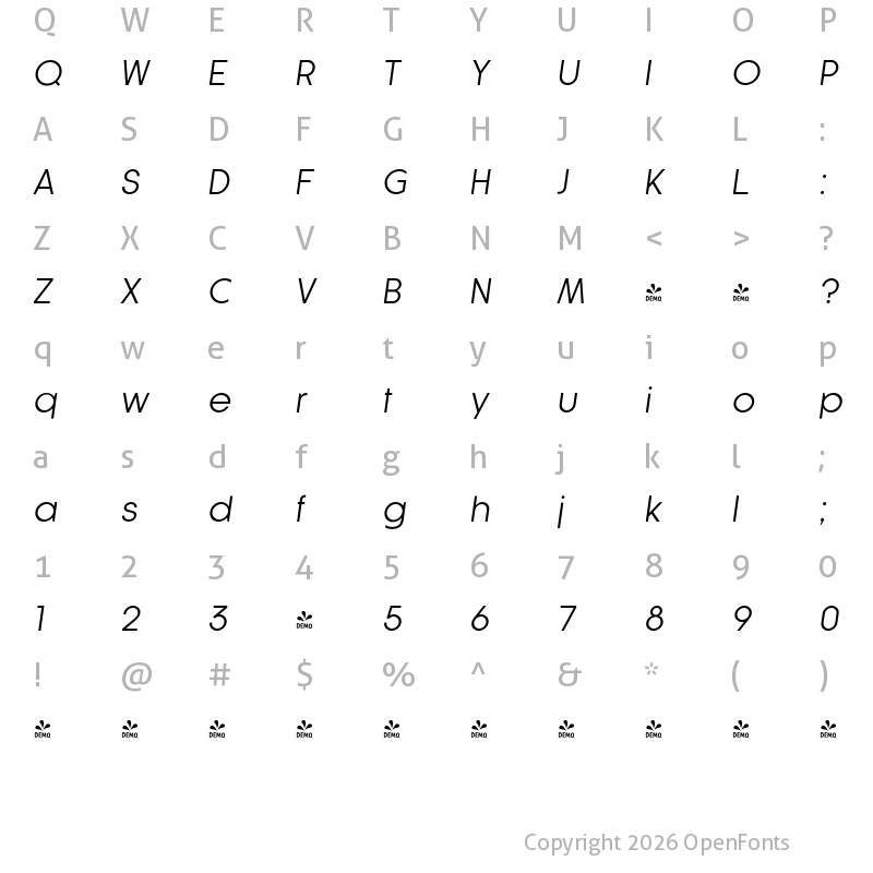 Character Map of FONTSPRING DEMO - Athlete Italic