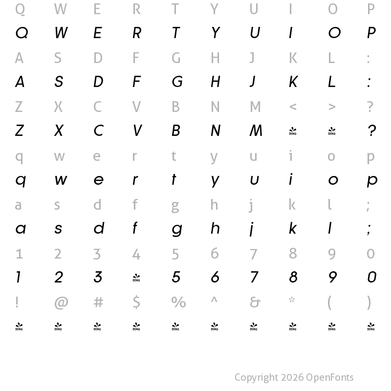 Character Map of FONTSPRING DEMO - Athlete Medium Italic