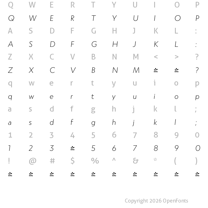 Character Map of FONTSPRING DEMO - Atlan Extra Light It Regular