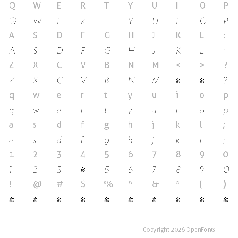 Character Map of FONTSPRING DEMO - Atlan Thin It Regular