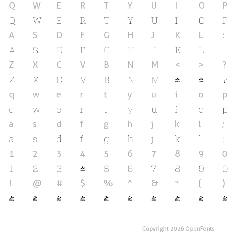 Character Map of FONTSPRING DEMO - Atletico Thin Regular