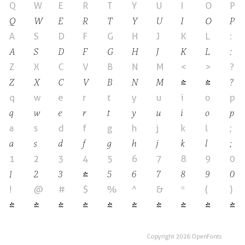 Character Map of FONTSPRING DEMO - Audela Light Italic Regular