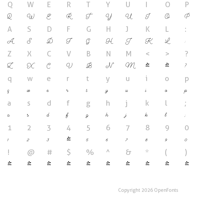 Character Map of FONTSPRING DEMO - Audrey Script3 Bold