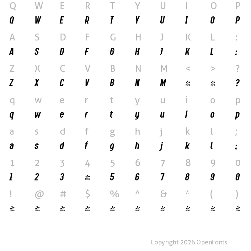 Character Map of FONTSPRING DEMO - Augmento Cnd Bold Italic