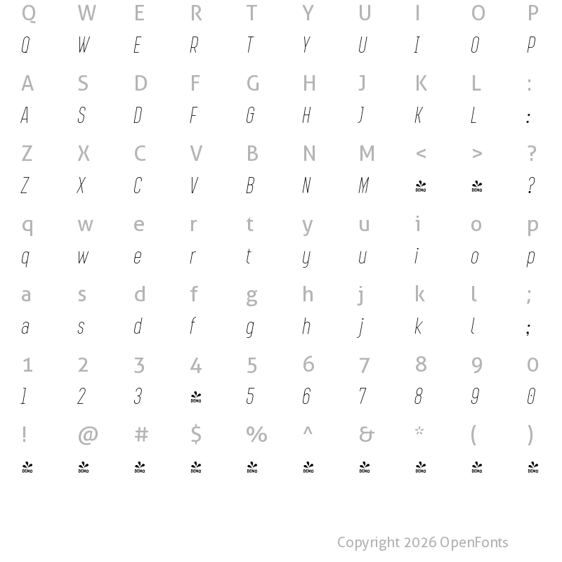 Character Map of FONTSPRING DEMO - Augmento Cnd Thin It Regular