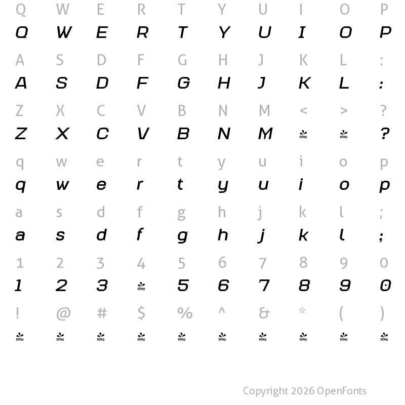 Character Map of FONTSPRING DEMO - Augmento Xtd Bold Italic