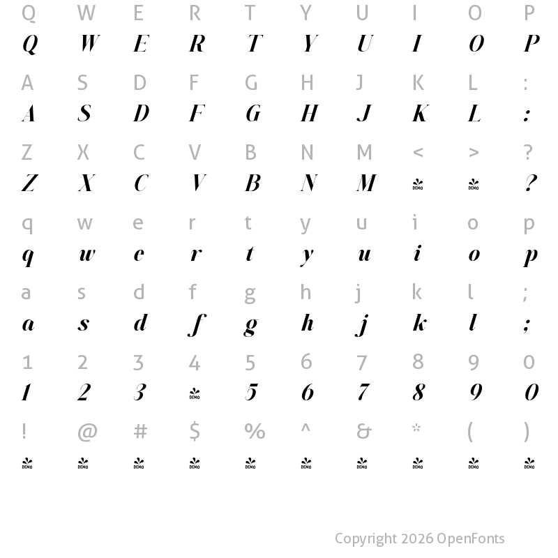 Character Map of FONTSPRING DEMO - Aumiller Serif Black Italic