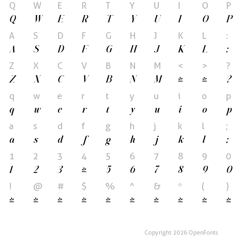 Character Map of FONTSPRING DEMO - Aumiller Serif Bold Italic